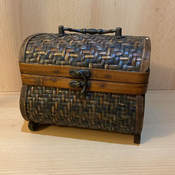 Wooden Woven Bamboo Hinged Lock Jewelry Keepsake Box Home Decor - Picture 1 of 10